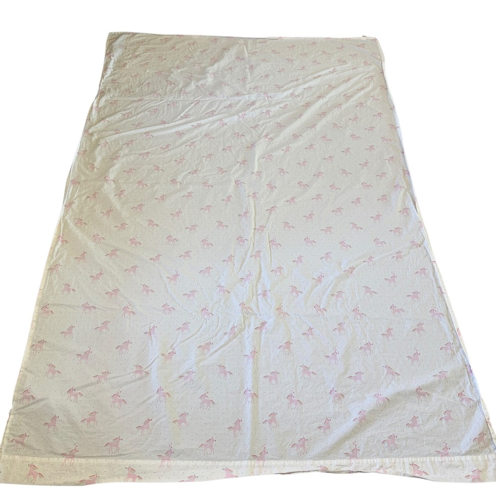 Pottery Barn Kids Twin Flat Sheet Organic Rainbow Unicorn Polka Dot White Pink‎